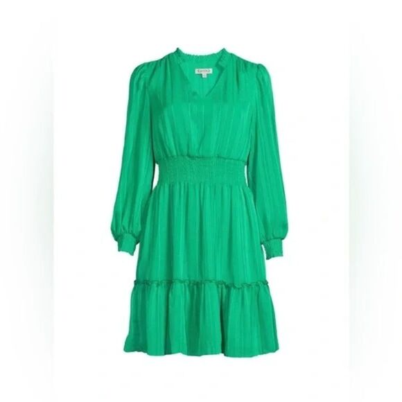 NWT Nanette by Nanette Lepore Shadow Stripe Long Sleeve Smocked Dress in Green. - Picture 1 of 9